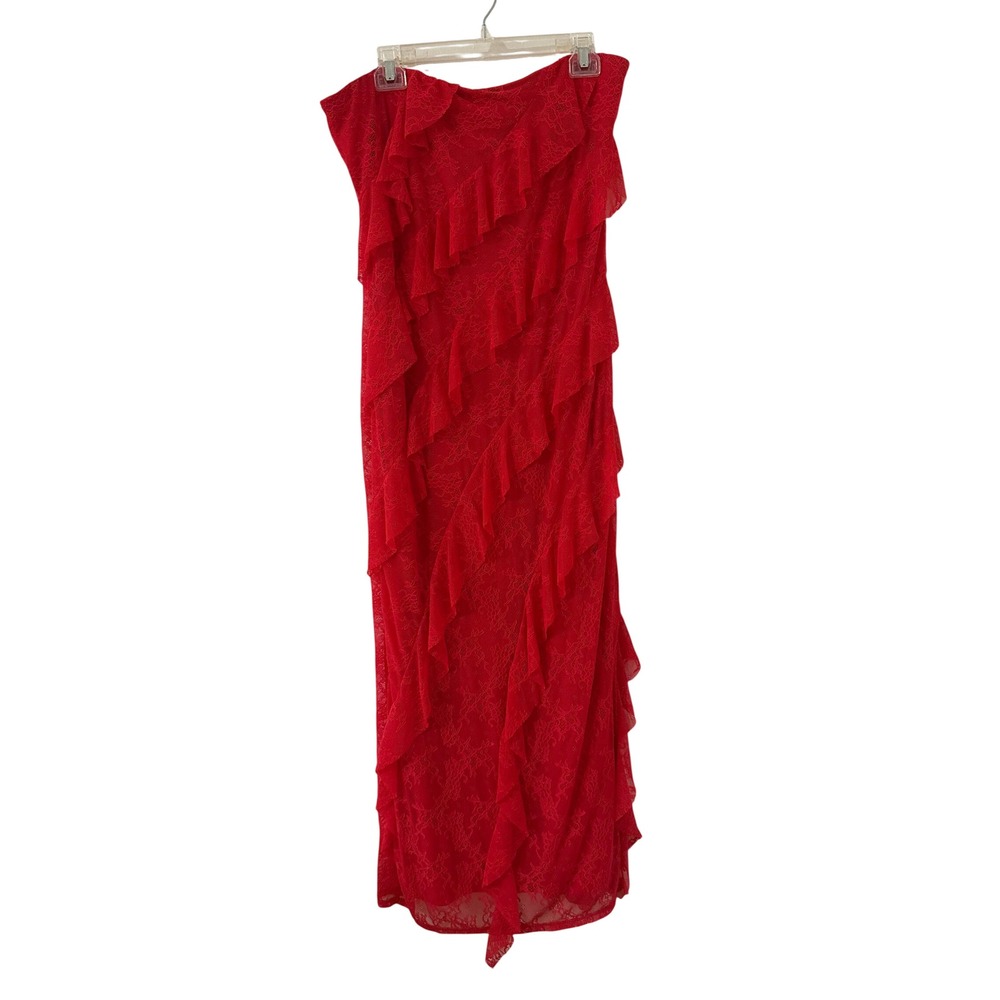 Wild Fable Red Lace Strapless Ruffle Maxi Dress L‎ Floral Tiered Tube Gown Event